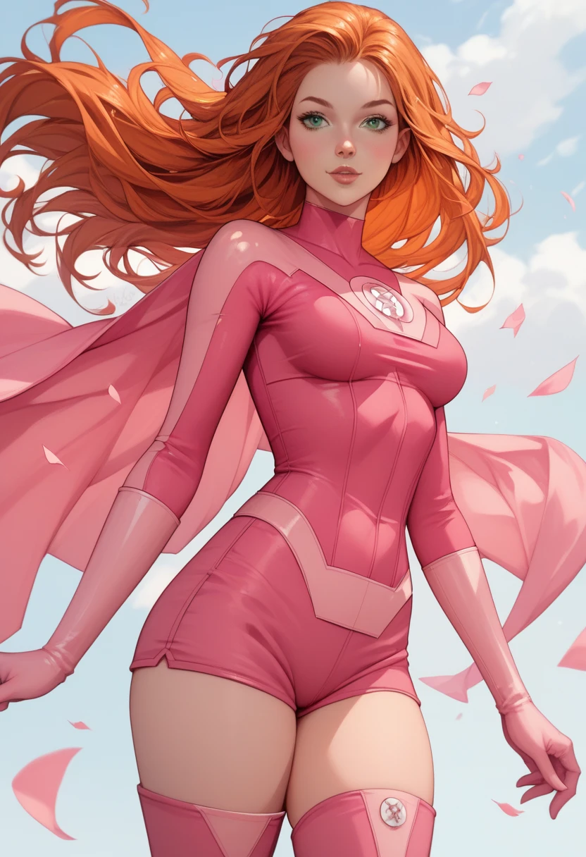 A woman in a pink siuit and red hair, solo, Atom Eve, cape, big light green eyes, medium breasts, pink earrings, covered navel, cropped legs, cotton, flying pose, front view!, stunning background, realistic colors, front view, light coming from the right, 8K image quality, Masterpiece