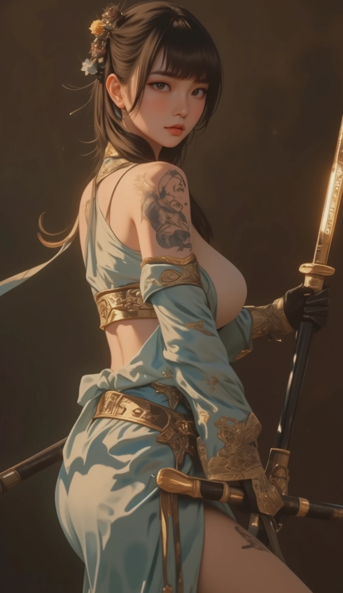 Raytraced Images Inspired by Alicia Vickander {x}。Close-up of a woman in a blue dress holding a sword, Wang Meng, a Taiwanese girl with a tattoo of an Asian woman in Arafé , Full Body Senxia , Inspired by Gu Kaizhi , Spirit medium, yakuza slim girl, Big Breasts、deep cleavage、Shashi, by Ni Zan, ILLUSION LIGHT , do , 's ornate Korean pole arm , with ancient Chinese aesthetics