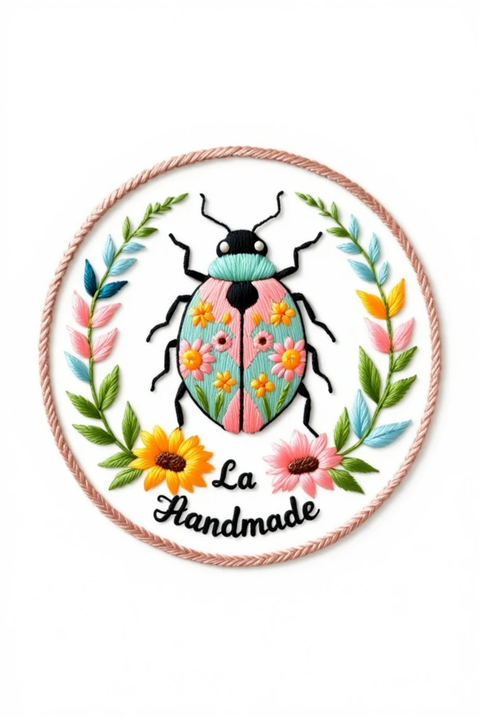 "Minimalist round embroidery-style logo for a Mexican handmade crafts store called 'La Catarina Handmade'. The design features a symmetrical ladybug (catarina) with intricate Mexican folk embroidery patterns (like flowers, geometric shapes, or tenango stitches) on its body. Use a soft pastel color palette: blush pink, mint green, mustard yellow, and baby blue. The ladybug should be wingless (no separate wings), with a smooth, circular shape and visible thread textures (satin stitches, French knots). Surround the ladybug with a thin circular frame made of embroidered vines or tiny flowers. The store name should appear in a hand-stitched font along the bottom curve of the circle, mimicking thread. Ensure the background is fully transparent (PNG format) and the logo is perfectly centered. Style: Mexican artesanía, whimsical, handmade, with subtle shadows for depth. Avoid realism, corporate looks, or extra elements outside the circle."