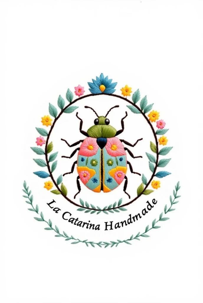 "Minimalist round embroidery-style logo for a Mexican handmade crafts store called 'La Catarina Handmade'. The design features a symmetrical ladybug (catarina) with intricate Mexican folk embroidery patterns (like flowers, geometric shapes, or tenango stitches) on its body. Use a soft pastel color palette: blush pink, mint green, mustard yellow, and baby blue. The ladybug should be wingless (no separate wings), with a smooth, circular shape and visible thread textures (satin stitches, French knots). Surround the ladybug with a thin circular frame made of embroidered vines or tiny flowers. The store name should appear in a hand-stitched font along the bottom curve of the circle, mimicking thread. Ensure the background is fully transparent (PNG format) and the logo is perfectly centered. Style: Mexican artesanía, whimsical, handmade, with subtle shadows for depth. Avoid realism, corporate looks, or extra elements outside the circle."