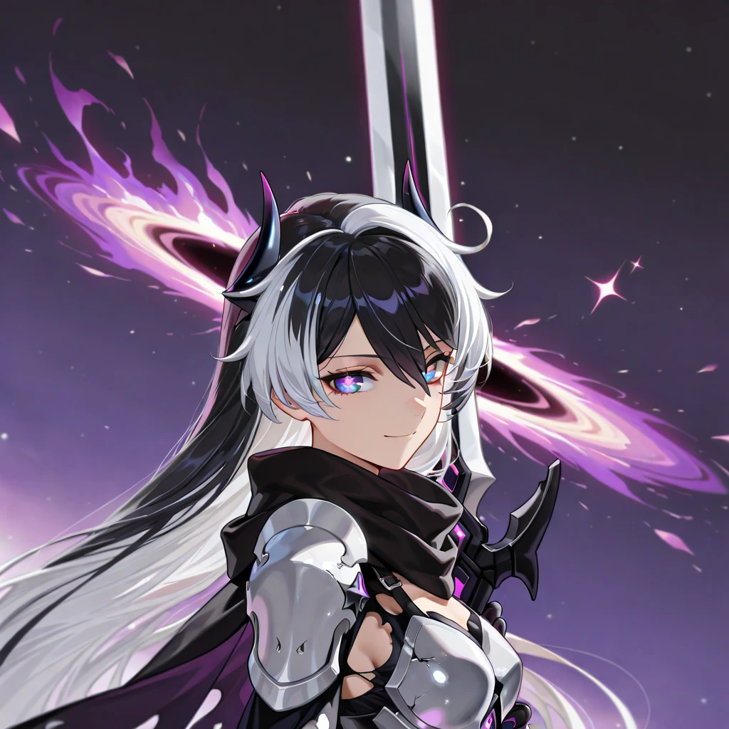 there is a cartoon image of a woman holding a sword, wielding a magical sword, brandishing powerful sword, brandishing cosmic weapon, dramatic wielding sword pose, [ digital art ]!!, brandishing futuristic sword, brandishing a powerful sword, magical sword, holographic blade!, digital art!!, dual wielding two magical swords, with large sword