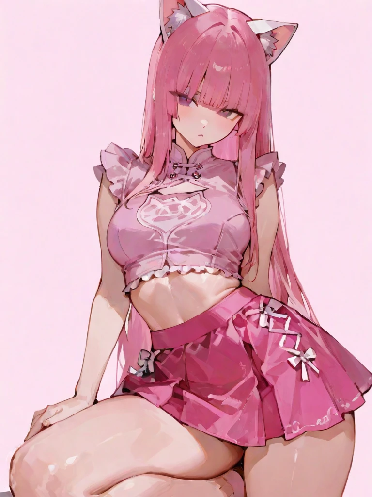 a beautiful sexy anime woman with a full pink kawai very short outfit and a katana