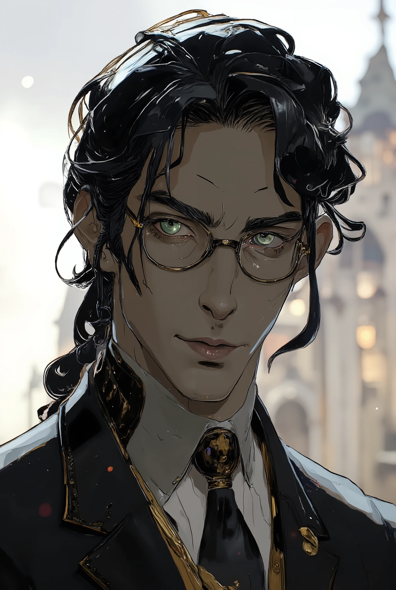 A tall, fit, 32-year-old man with narrow glasses with thin dark frames, long black hair pulled back in a low ponytail and gray eyes, dressed in a black business suit with a tie and a white shirt, aristocratic features and high intelligence.
