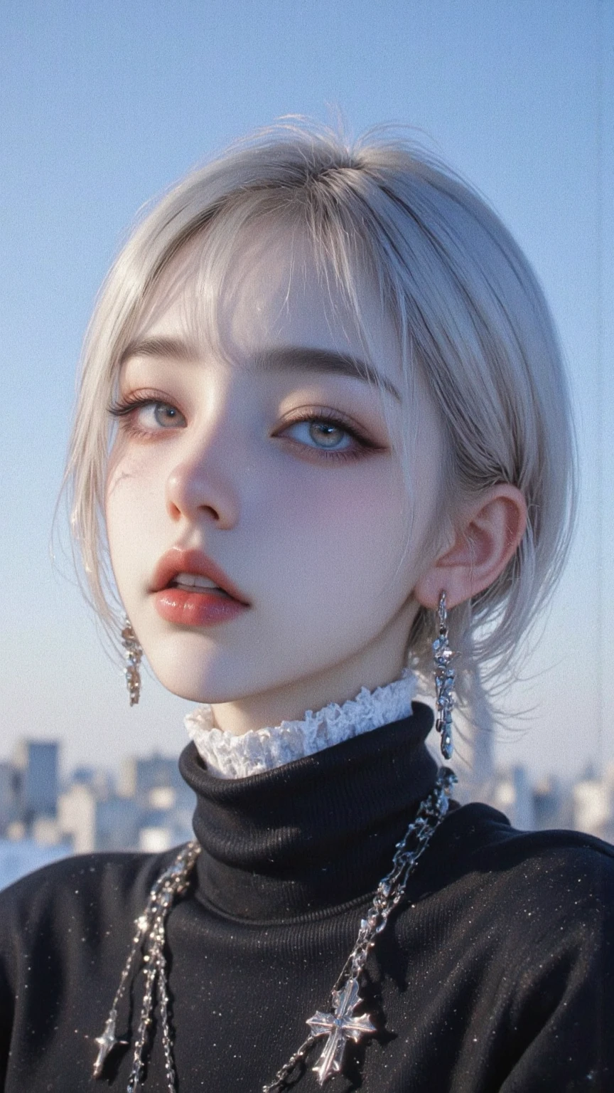 ((Close-up of a woman with tattoos on her chest)), girl, ((Short white hair with bangs, Black strands of hair)), Purple eyes, White T-shirt and white cape, Pendant around the neck. 超High resolution.Realistic. 超High resolution.Realistic:1.4,超High resolution. Realistic，High resolutionで, masterpiece, Highest quality, Very detailed, Better Shadows, Volumetric lighting), super high quality, High resolution, 8k, Ultra-Realistic Portraits , Realistic, Dynamic Lighting, Volumetric lighting, Very detailed顔,(NSFW:0.8),Large Breasts