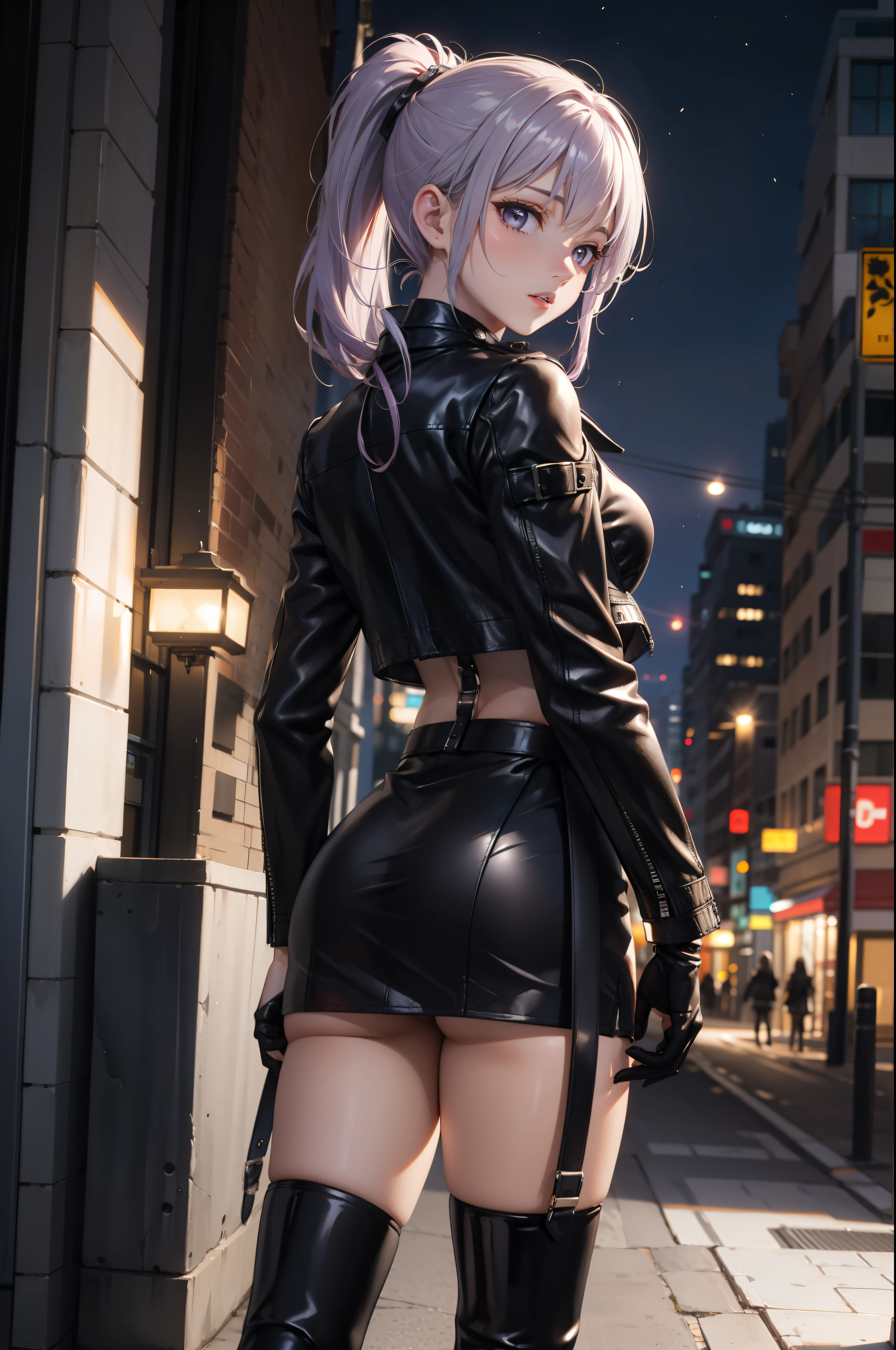 (masterpiece, better quality, detailed), a chic, Alone, standing, seen from behind, perfect ass cell phone, ojos detaileds, purple eyes shirt, Lavender hair short ponytail, Love, medium breasts, sensual lips, ((harness on the torso)), ((black leather jacket)), (black gloves, ((short school miniskirt)), ( brown stockings), (black boots), cyberpunk style, ((at night))