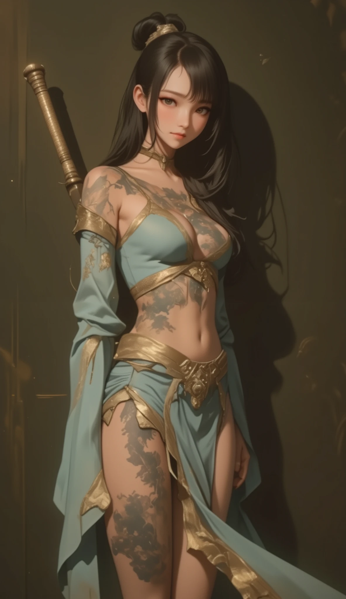 Raytraced Images Inspired by Alicia Vickander {x}。Close-up of a woman in a blue dress holding a sword, Wang Meng, a Taiwanese girl with a tattoo of an Asian woman in Arafé , Full Body Senxia , Inspired by Gu Kaizhi , Spirit medium, yakuza slim girl, Big Breasts、deep cleavage、Shashi, by Ni Zan, ILLUSION LIGHT , do , 's ornate Korean pole arm , with ancient Chinese aesthetics
