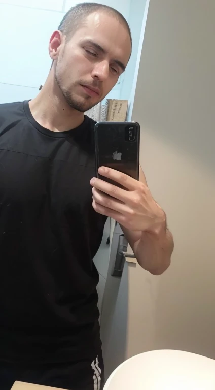 there is a man taking a picture of himself in a mirror, selfie!!!!! of a man, selfie of a man, very very low quality picture, full body in camera, in small room, candid picture, with accurate face, he is holding a smartphone, candid photo, wearing tanktop, taken with the best dlsr camera, posing in a bedroom