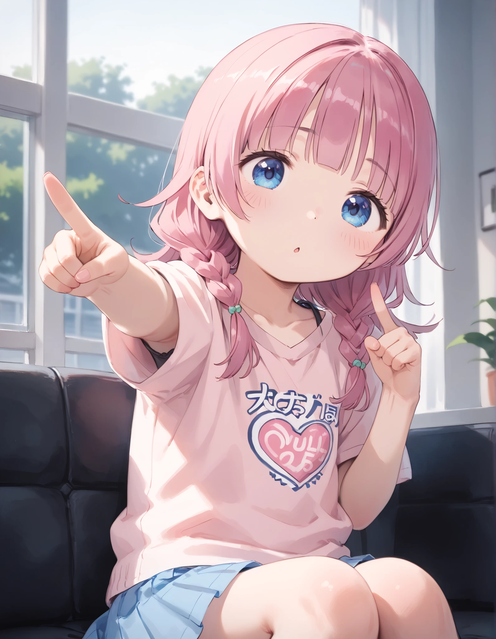(masterpiece, best quality, ultra detailed, 8k, 4k, hires, absurdres:1.4),(,little,ultra cute kawaii:1.4),safe,1 girl,(pink Hair,short straight bangs,blue eyes)
,^^^,:o,pointing at self,tilt head