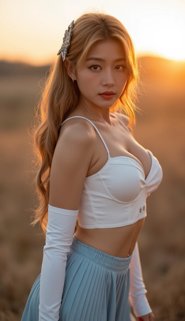 (best quality,highres:1.2),ultra-detailed,realistic:1.37,portrait,beautiful blonde Spanish girl,great bust,exquisite face,detailed eyes and lips,curly blonde hair,soft porcelain skin,stylish outfit with a fitted top and tight pants to emphasize her curvaceous figure,alluring gaze and confident expression,standing in a lush garden with vibrant flowers and greenery,sunlight casting a warm glow on her,creating a natural and soothing atmosphere,vivid colors,bokeh lighting effect