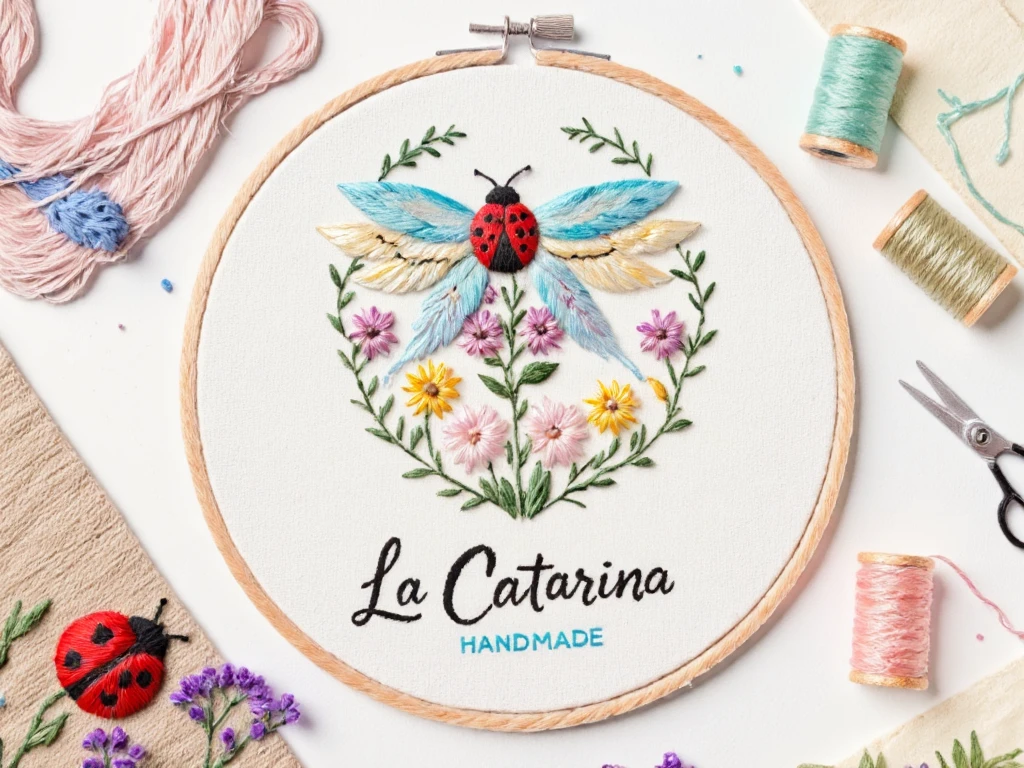 "A delicate hand-embroidered logo for a handmade crafts store called 'La Catarina Handmade'. The design features a cute ladybug (catarina) with intricate stitching details, surrounded by craft elements like a threaded needle, tiny scissors, and a spool of pastel-colored thread. The ladybug's wings should look like they are sewn with visible cross-stitches or satin stitches, and the body has tiny French knots for texture. The background mimics a rustic linen or burlap fabric with subtle frayed edges. Use a soft pastel palette: blush pink, mint green, baby blue, and cream. The store name is written in a hand-stitched font, with uneven letters to emphasize the handmade aesthetic. Add tiny decorative elements like floral vines or loose threads for authenticity. Style: whimsical, artisanal, with a 3D embroidery hoop effect to make it look like a real piece. Avoid flat designs; prioritize tactile textures and handmade imperfections.""intricate details, studio lighting, close-up""intricate details, studio lighting, close-up" quita las alas extra de la catarinahaz el logo redondo
