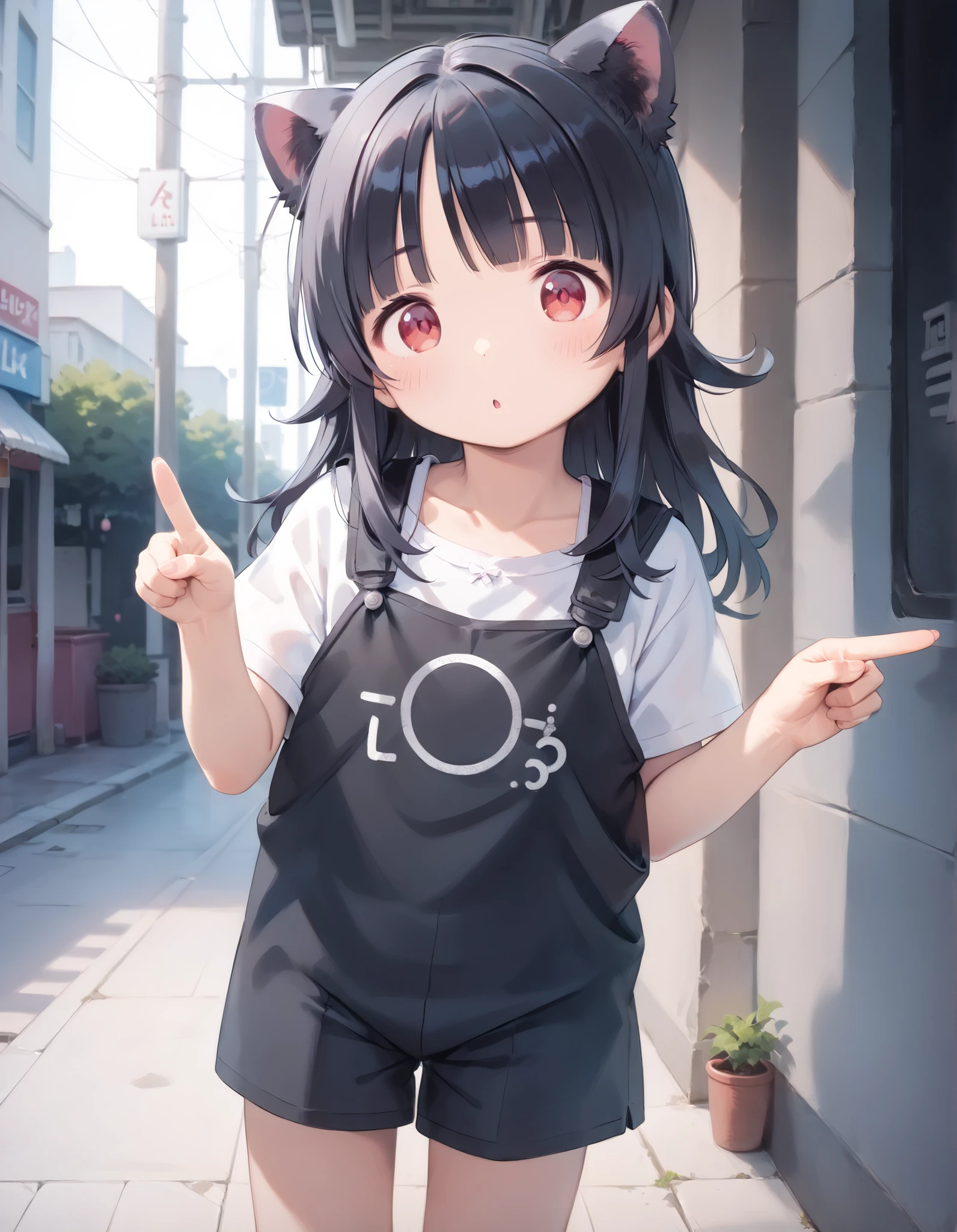 (masterpiece, best quality, ultra detailed, 8k, 4k, hires, absurdres:1.4),(,little,ultra cute kawaii:1.4),safe,1 girl,(Black Hair,short straight bangs,Red eyes)
,^^^,:o,pointing at self,tilt head