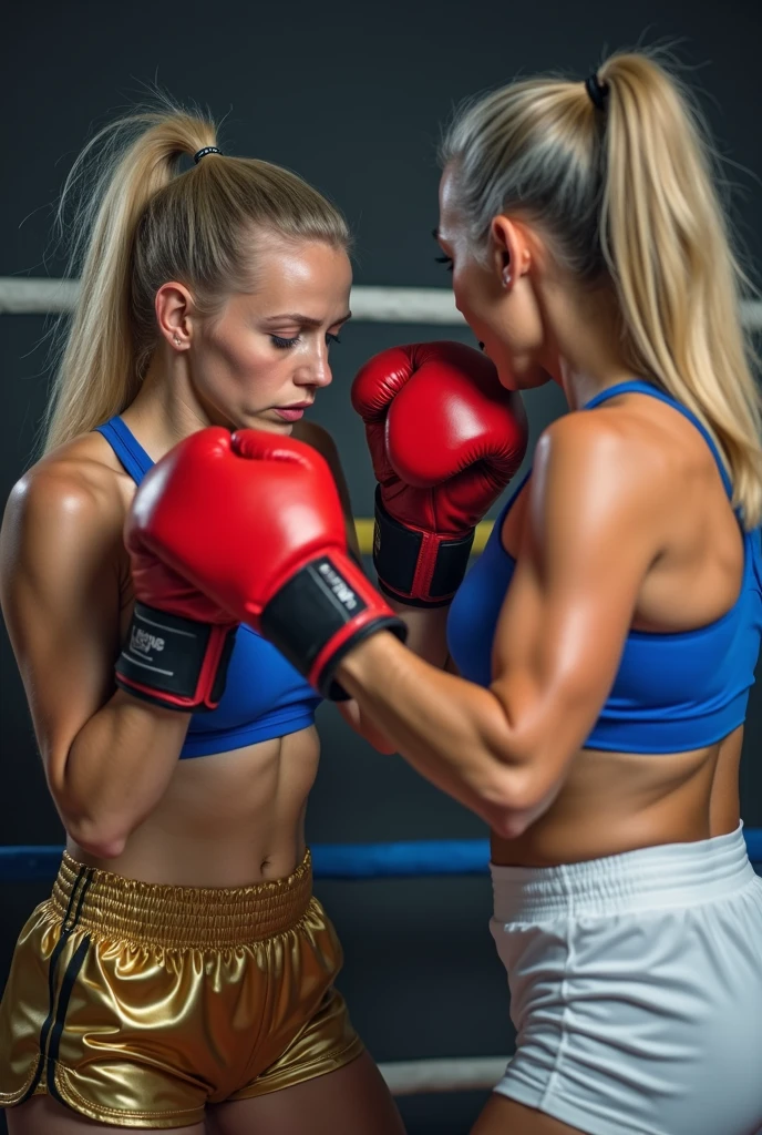 Beautiful blonde Female knocking out a young Female big breasted boxer
