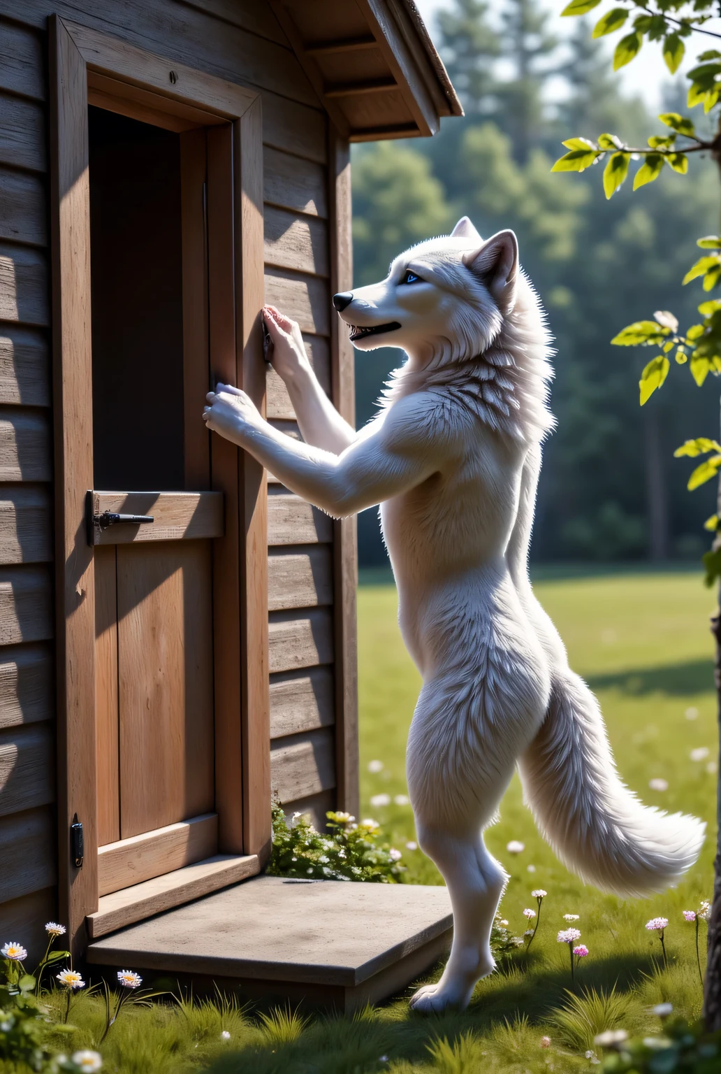  (masterpiece), best quality, 1wolf,  realistic, highly detailed, shallow depth of field, sharp focus, hyperrealism, cinematic lighting, photorealistic style, 8k solution, a gray wolf is stands on its hind legs and knocks on the door of grandmas old wood house in the middle of the forest, view from the side, 