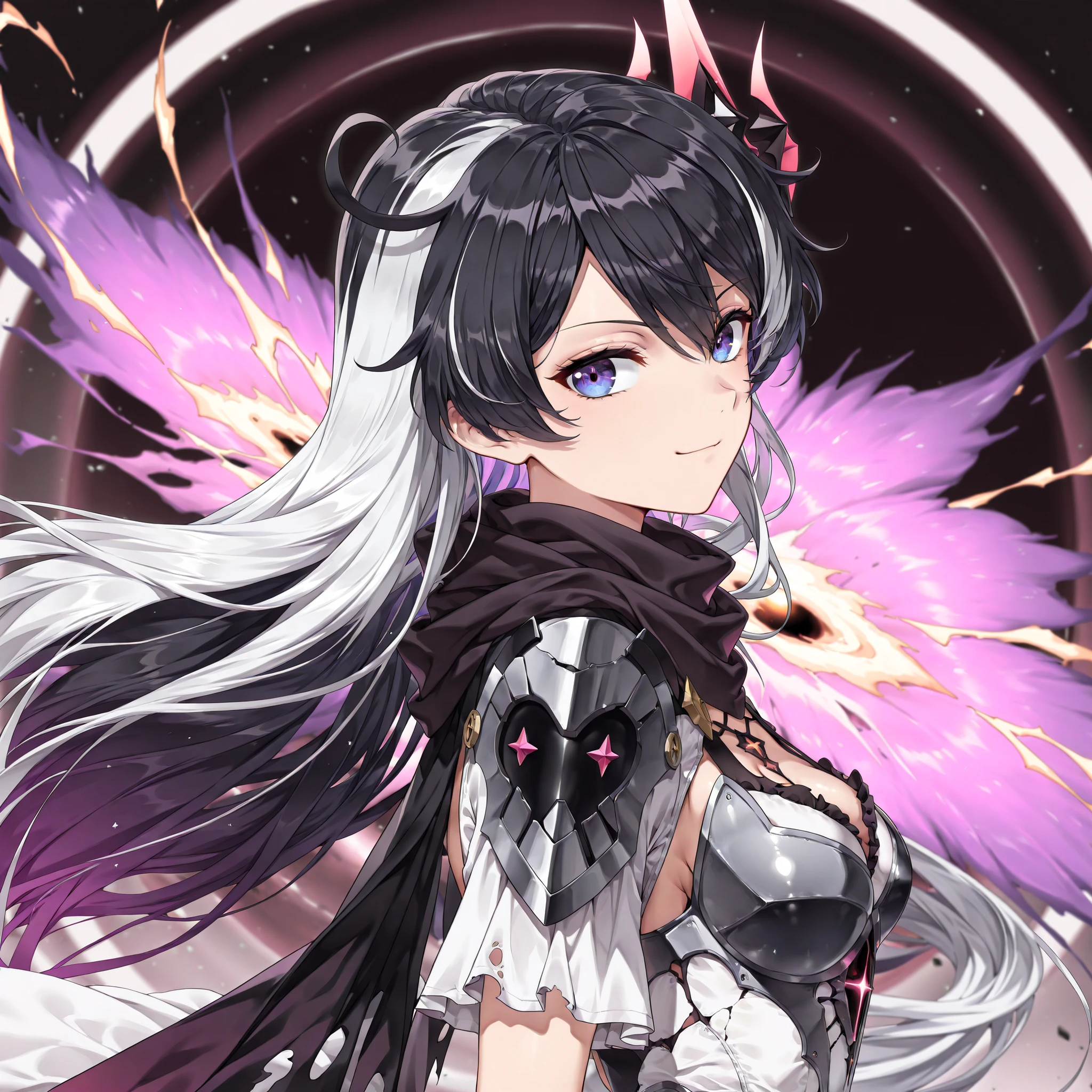 chuunibyou, dramatic shot, portrait, masterpiece, best quality, amazing quality, very aesthetic, high resolution, ultra-detailed, absurdres, (hands:-0.22)
1girl, woman, solo, alone,(looking at viewer, three quarter angle, side shot, closeup:1.19), (KianaHi3, Fol005, Kia_Hof:0.22), smirk, expressionless, white hair, very long hair,(multicolored hair, black hair:1.43), two tone hair, , blue eyes, purple eyes, nova eyes, kiana kaslana,alter dress, armored skirt, alternate white dress, chestplate, white chestplate, cape, armoured dress, bandoleer, scarf bandana, purple flames, purple aura, cracked armor, demon armor, torn dress, burning dress, cosmic sword, black hole star, novuschroma79 style, glitch art photo
BREAK, depth of field, volumetric lighting