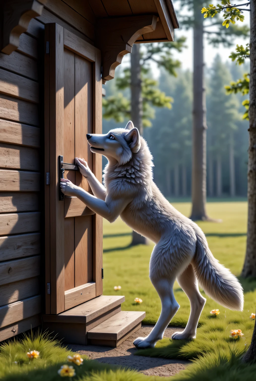  (masterpiece), best quality, 1wolf,  realistic, highly detailed, shallow depth of field, sharp focus, hyperrealism, cinematic lighting, photorealistic style, 8k solution, a gray wolf is stands on its hind legs and knocks on the door of grandmas old wood house in the middle of the forest, view from the side, 