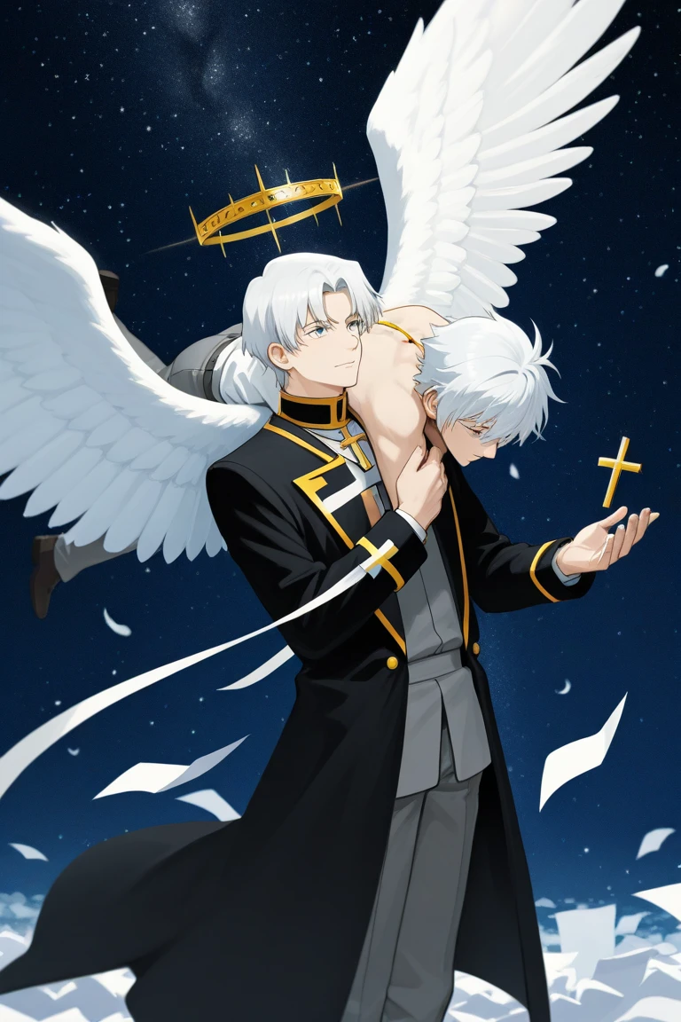 masterpiece, highest quality, (Focus alone), (Perfect Face:1.1), (Attention to detail:1.1),dramatic, ( 2 alluring albino naked angel guy with long flowing pure white hair and piercing 黒い目 standing close toghether , cuddle, almost kiss, sexy angle cloth ),I can see your abs,Handsome,,Short Hair, night shinning moon background, realistic penis, long big dick expose, perfect pretty penis, cumshot alot semen(white liquid all over), cum on face, cum eatting,