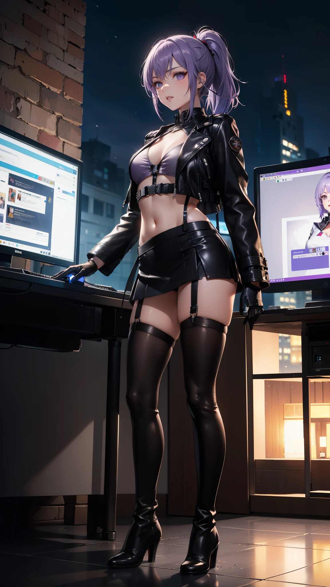 sexy, ensaio sensual, realistic, full body, solo, 1girl, mature female, dark skinned female, (gyaru, goth, bimbo), huge chest, long legs, huge thighs, huge calves, mature female, flat belly, abs, (colored skin, dark skin), tiny waist, narrow waist, white hair, glowing eyes, huge hips, thick lips, lipstick, longeyelashes, black hair, thin toned body, pink hair bow, (steampunk corset. translucent cyberpunk hobble long pencil skirt), gotou airi, 1960s, detailed face, detailed body, biopunk luminescent eyes, glass platform heels