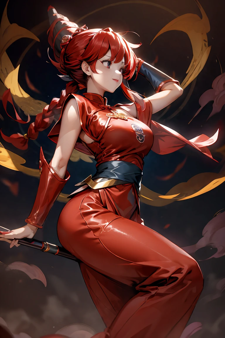 Beautiful girl, kunoichi, kung fu pose, red china costume, dragon in the back, flame, ninjutsu, hairstyle bob, red hair, red eyes, blue thunder,