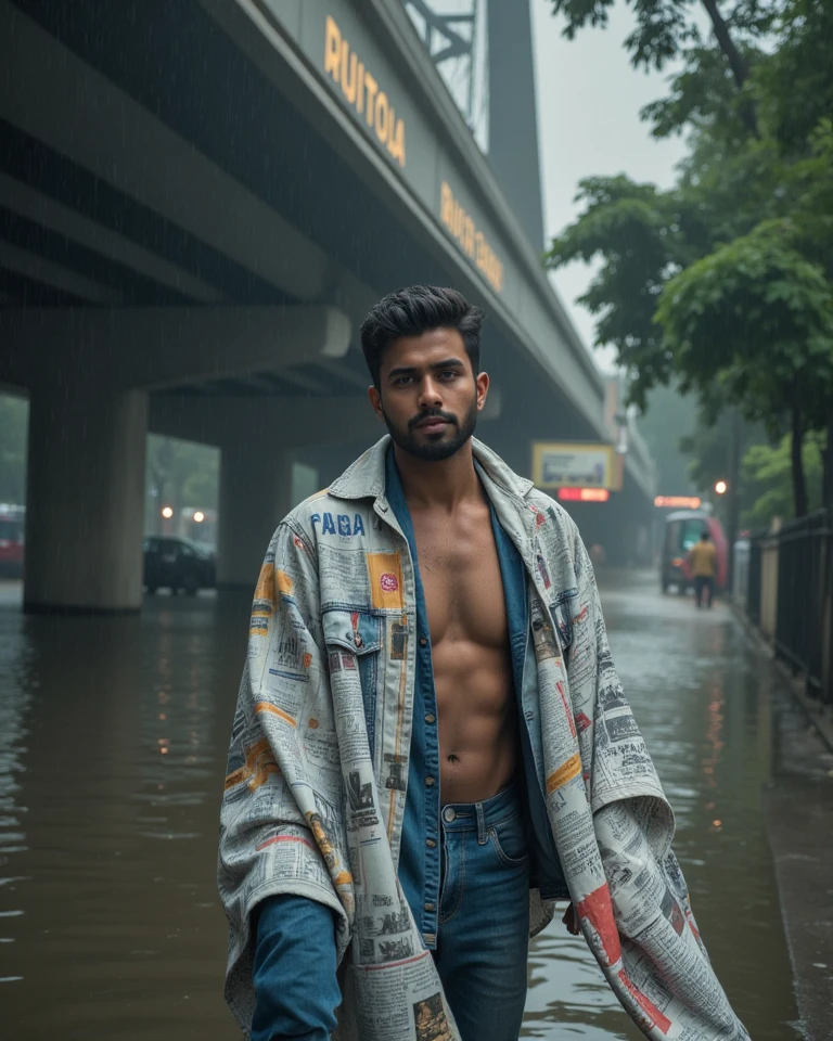 A vivid snapshot of an 18-year-old Indian man, soaked and fitness  in the rain, with a carefree smile on his face. He is standing in the middle of aroad, enjoying the refreshing downpour that has turned the streets into a temporary pond. The background reveals a bustling Indian city, with colorful buildings and people, creating a lively atmosphere. The sun is trying to break through the clouds, casting a warm glow on the scene.