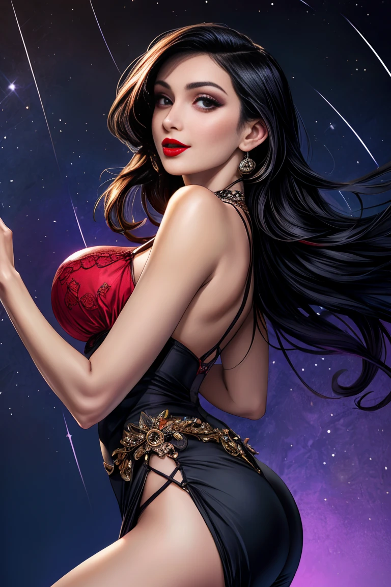 Portrait, beautiful woman with black hair and a silky red dress, hourglass figure, symmetrical figure, highly detailed face, beautiful face, calming blue eyes, lush pink lips, smiling, alluring, stunning digital illustration, cosmic fantasy background, beautiful digital artwork, magenta lighting, glossy digital painting, gorgeous digital art, 4k detailed digital art, beautiful digital illustration, 4k highly detailed digital art, beautiful digital art, realistic digital art 4k, realistic digital art 4k, airbrush digital art