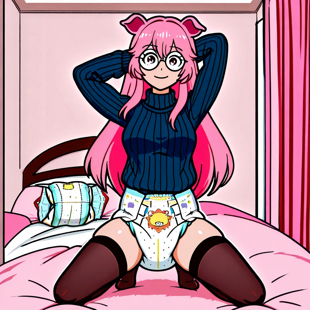 (((noticeable bulge))), (((erection under clothes))), (((panty bulge))), ((masterpiece)), (((best quality))), ((ultra-detailed)), ((illustration)), (detailed eyes), (small breasts), braid, side ponytail, pink hair, plump, (blue striped legwear), ass focus, dress, (lace-trimmed panties), glasses, freckles, elf, piercing, choker,