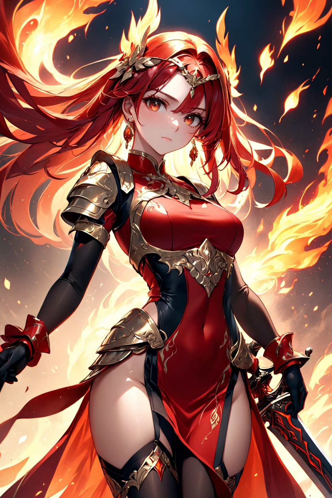 A cheerful girl who is the embodiment of a phoenix..、Redhead sidetail、bangss、Green eyes、Red cheongsam(slit)、Thigh exposure、Long black boots、There are red feathers on the back、raise a hand、Fire Effects、holding swords、a smile