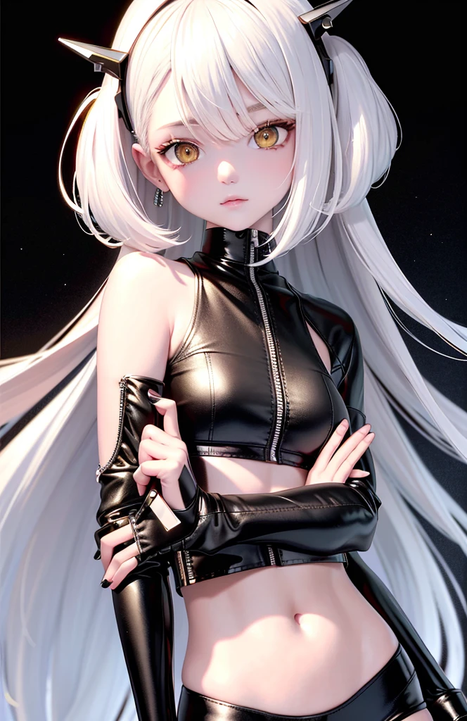 Superb Piece, High Resolution, Best Quality, UHD, Super Detail, Award-Awarded, 16k, (Upper Body), A Beautiful Maiden, Gray Hair, Hair, ((Heterochromia)), Hanging Eyes, Fair Skin, (Small Breasts), (Slim Body), ((Sleeveless Vest)), (Neck Ring), (Short Glove as Short as Half a Palm)