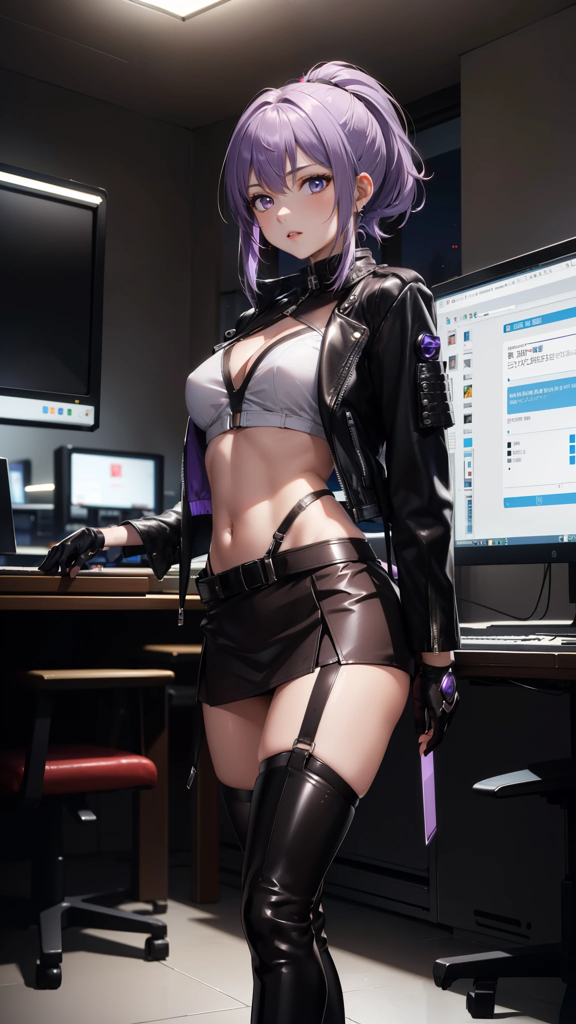 (masterpiece, better quality, detailed), a chic, Alone, standing, ojos detaileds, purple eyes shirt, Lavender hair short ponytail, Love, medium breasts, sensual lips, ((harness on the torso)), ((black leather jacket)), (black gloves, ((short school miniskirt)), ( brown stockings), (black boots), Cyberpunk style gamer computer room, (at night)