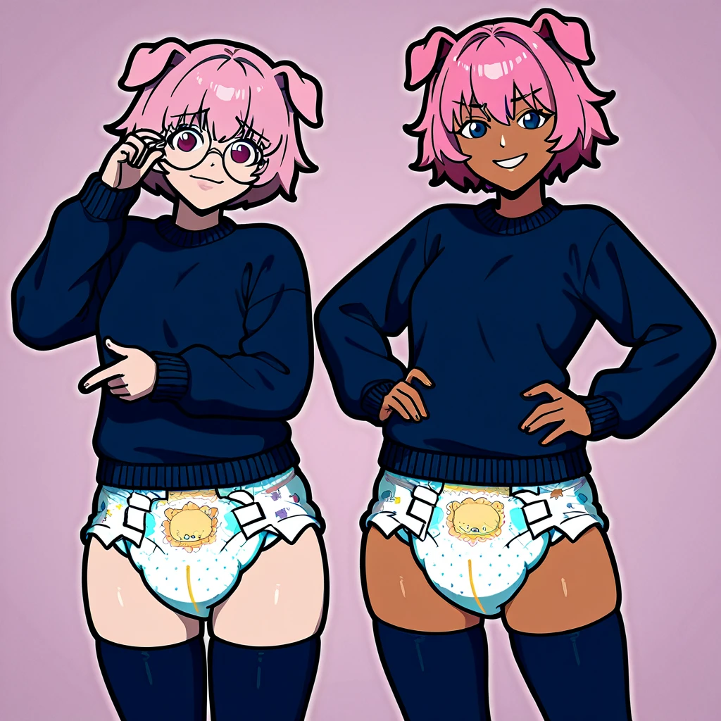 (((noticeable bulge))), (((erection under clothes))), (((panty bulge))), ((masterpiece)), (((best quality))), ((ultra-detailed)), ((illustration)), (detailed eyes), (small breasts), braid, side ponytail, pink hair, plump, (blue striped legwear), ass focus, dress, (lace-trimmed panties), glasses, freckles, elf, piercing, choker,