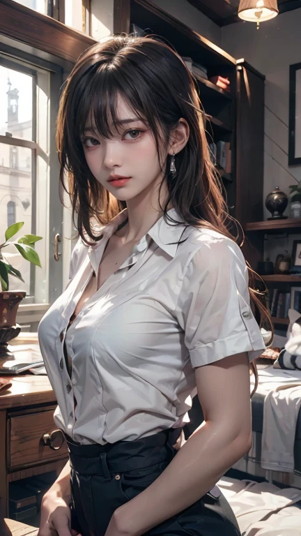 (UHD, retina, masterpiece, accurate, anatomically_correct, textured_skin, super_detail, high_details, high_quality, best_quality, high_res, 1080P, HD, 4K, 8k, 16k), (beautiful_detailed_eyes, beautiful_detailed_lips, extremely_detailed_eyes_and_face), soft_lighting, physically-based_rendering, vivid_colors, (large_breasts:1.5), (shiny_hair, shiny_skin, tanned_skin, blush), (bangs:1.5), eye_reflection, (bokeh), semi-profile_view, smile_and_laugh, (blazer, shirt, flareskirt:1.5),