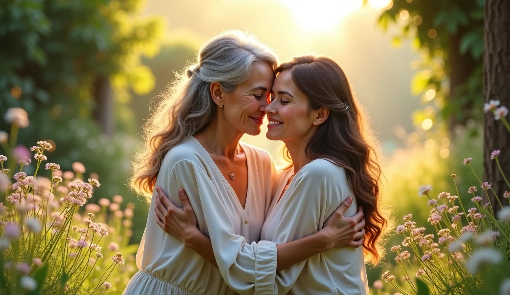 A 3D photo with digital of mother 50 years old with grey hair and daughter 30 years old with long brown hair, sitting on ethereal garden, close each to other
