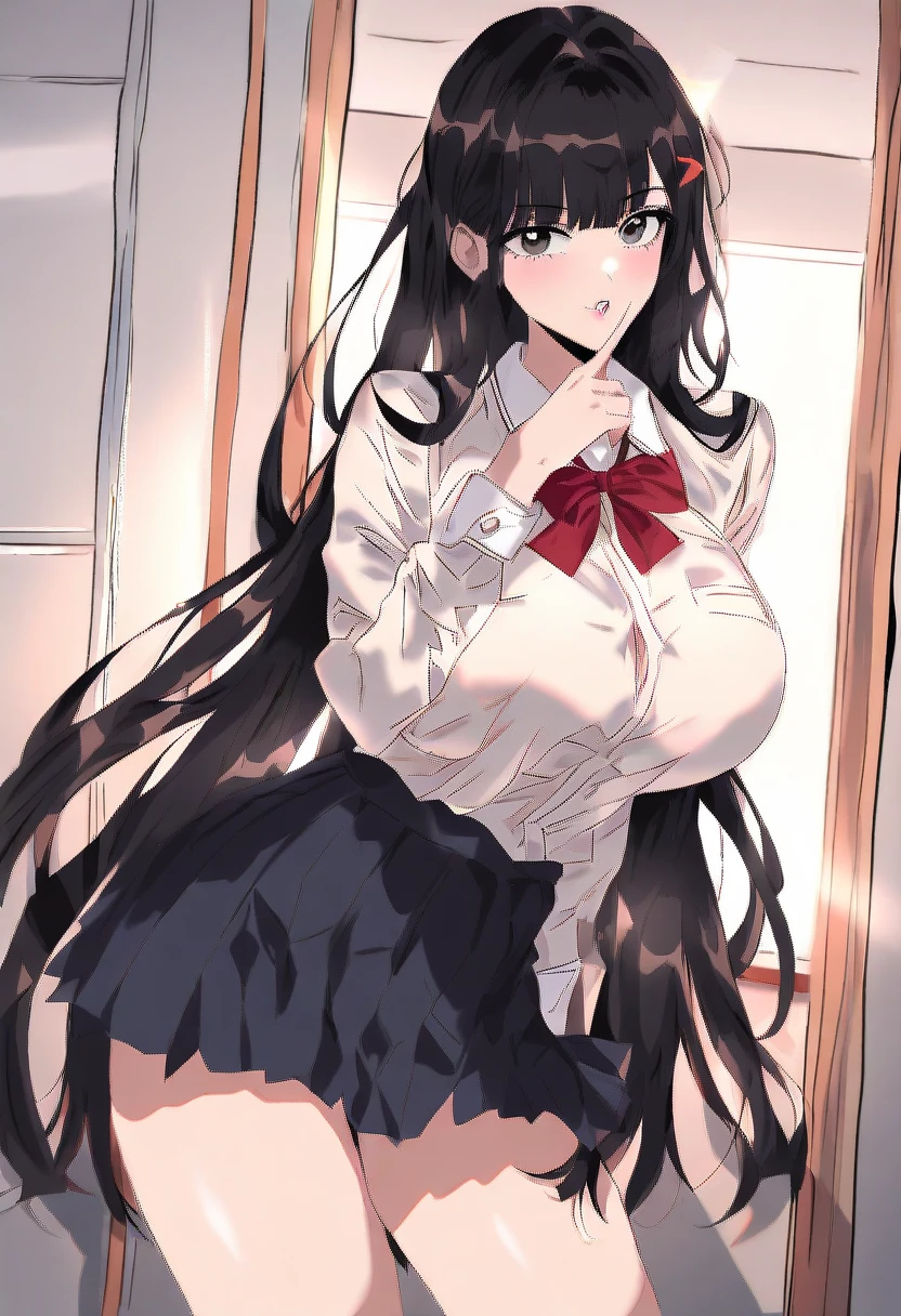 High school girl, long untied black hair, pendulous eyes, big tits, white panties, high legged