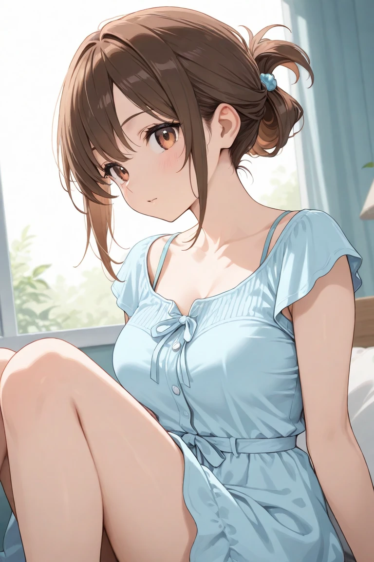((masterpiece)), (HQ), (4K), (high detailed), (((best quality))), (detailed face), (beautiful, cute, pretty girl), (slender 18yo girl), ((high ponytail)), (blushing:1.5), (white button shirt), ((bare collar)), ((((spaghetti strap pyjamas)))), (skinny waist), (skinny thighs), (wood cabin), (brown hair), (((view from top))), (((bare arms))), (((bare legs))