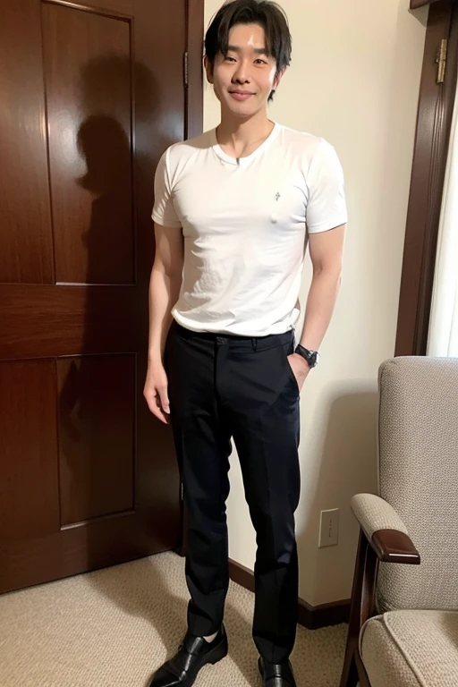 1 handsome Japanese guy,31 years old,University teacher,Husband,Classroom,Class,Wear casual clothing,Gentle,Tall,musculous,hairy bodies,(thin eyes 1:3),Full body photo