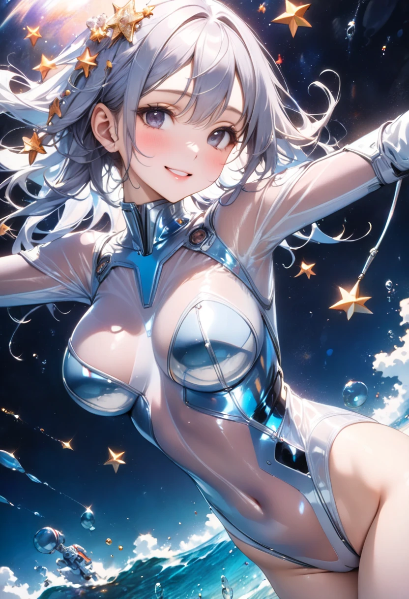 1girl, tall body, high school student, (leotard, perfect leotard, gymnast outfit leotard, white leotard with blue accents, bare legs), light grey hair, hazel eyes, med-back-length hair, bangs, ahoge, beautiful detailed eyes, beautiful detailed face, cute face, medium breasts, perfect hands, complete fingers, perfect anatomy, perfect proportions, age 18, solo, solo focus, standing, raised arms, serious, clothed mouth, looking at viewer, space backdrop, floating, body infused with electricity, (body glowing with blue energy), ((blue lightning logo on chest))