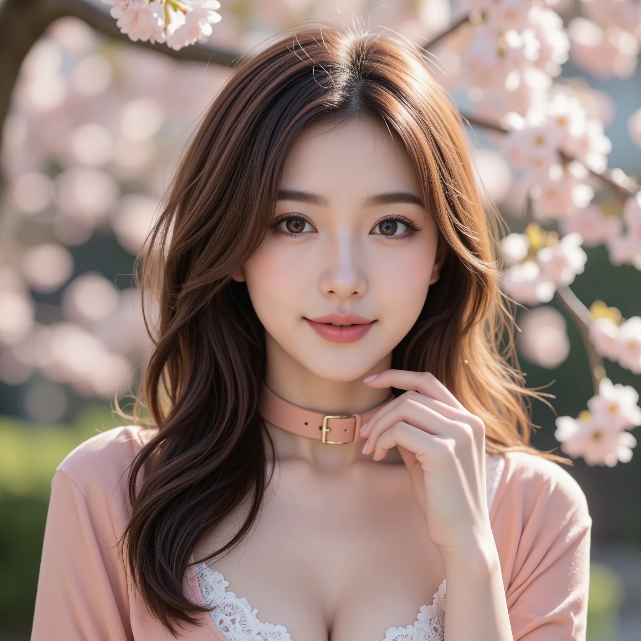 (Rows of cherry blossom trees in full bloom:1.7)、(Cherry blossom petals dancing in the wind:1.3)、A girl alone in the rain、cheeks turn red、look at the audience、heavy rain、big breasts、(oversized see-through tank top:1.7).A see-through tank top that accentuates the bust,Open see-through tank top、under the rain、girl without an umbrella、wet face,wet skin、wet body、wet costume、wet hair、flower、necklace、Looking up from under the earrings、Depth of written boundary、pointed red mouth、(reddish brown wet shiny short hair),red mouth,clavicle、beautiful fingers、hourglass body、full body portrait、cute wet face、digital illustration,Single-lens reflex camera, (Photoreal:1.3),(Raw photo.), (table top,highest quality,Ultra high resolution output image,) (8K quality,),(Image mode Ultra HD,),