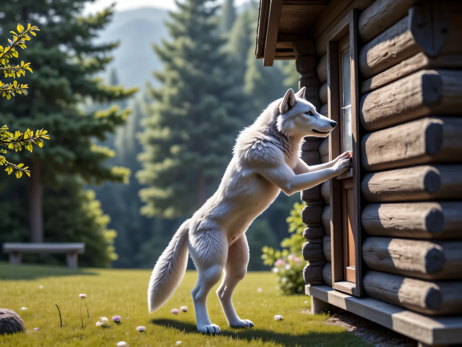  (masterpiece), best quality, 1wolf,  realistic, highly detailed, shallow depth of field, sharp focus, hyperrealism, cinematic lighting, photorealistic style, 8k solution, a gray wolf is standing on its hind legs and knocks on the door of grandmas old wood house in the middle of the forest, view from the side, 