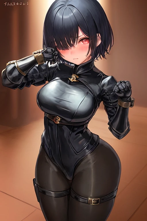 ((Masterpiece, top quality, super definition, ultra definition)), Solo, (Full body), ((27-year-old goth woman in German official black leather uniform)), ((wearing a black army leather hat)), ((Clear expression of body unevenness)), looking at the camera, (sitting with her back to the wall and bent knees), female body, (breasts to show (covered nipple)), ((nipple lozenges): 1.2), ((absurdly large breasts)), red eyes, ((black hair bob)), horizontal seat, yandere, (strong makeup), constricted pupils, black pupils, (detailed hands), ((tall woman)), ((sadistic smile)), sharp focus, dynamic angle, deep shadows, simple background