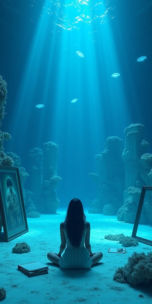 A surreal and fantastic digital artwork of a vibrant underwater realm and a resplendent sky. Underwater, a complex scene of human faces, intricately shaped from marine life and colorful corals, occupies the space. An 18-year-old girl with a slight smile, dressed in a multicolored bikini and wearing diving fins, delves into the exploration of this lively coral reef. She is surrounded by small bioluminescent creatures, their movements creating luminescent trails. Above the water's surface, the sky is a spectacle, with a rotating galaxy transforming into a giant blue eye amidst a backdrop studded with stars, nebulas, and cosmic dust. Adding to this dreamy panorama, a dolphin leaps towards a bright moon. The artwork is further enriched by a shimmering mist that adds an ethereal quality. This piece embodies ultra-realistic high-definition images with meticulous details, akin to an award-winning ultra-realistic 3D render in 8k resolution, using cinematic lighting techniques and hard edge for a strange hyper-realistic visual experience.