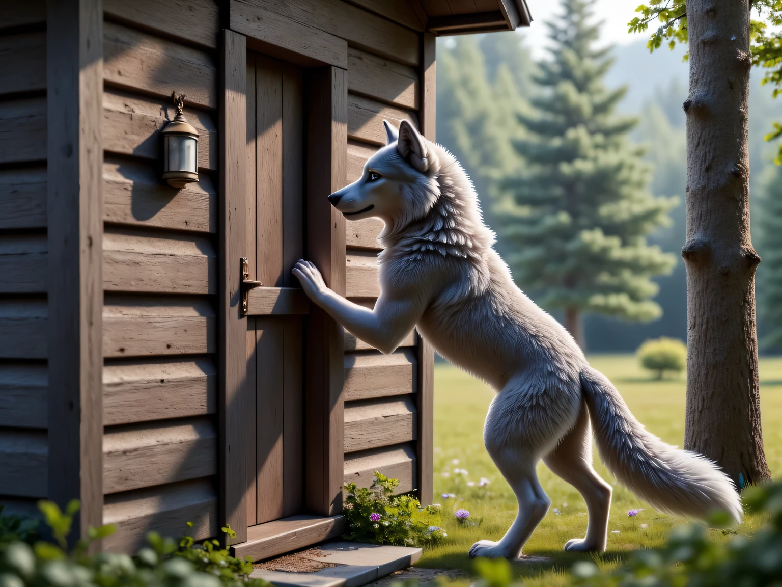  (masterpiece), best quality, 1wolf,  realistic, highly detailed, shallow depth of field, sharp focus, hyperrealism, cinematic lighting, photorealistic style, 8k solution, a gray wolf is standing on its hind legs and knocks on the door of grandmas old wood house in the middle of the forest, view from the side, 
