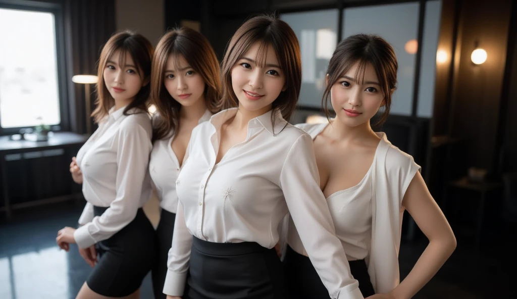 ((Best Quality, 8k, Masterpiecedetails, ultra-high resolution)), (group picture),(looking at the viewer), (full shot:), attractive business 5 milfs, 5 people, a bit chubby:0.1, seductive expression, seductive underwear, (sitting with cross legs on office desks)), smile, office of CEO,