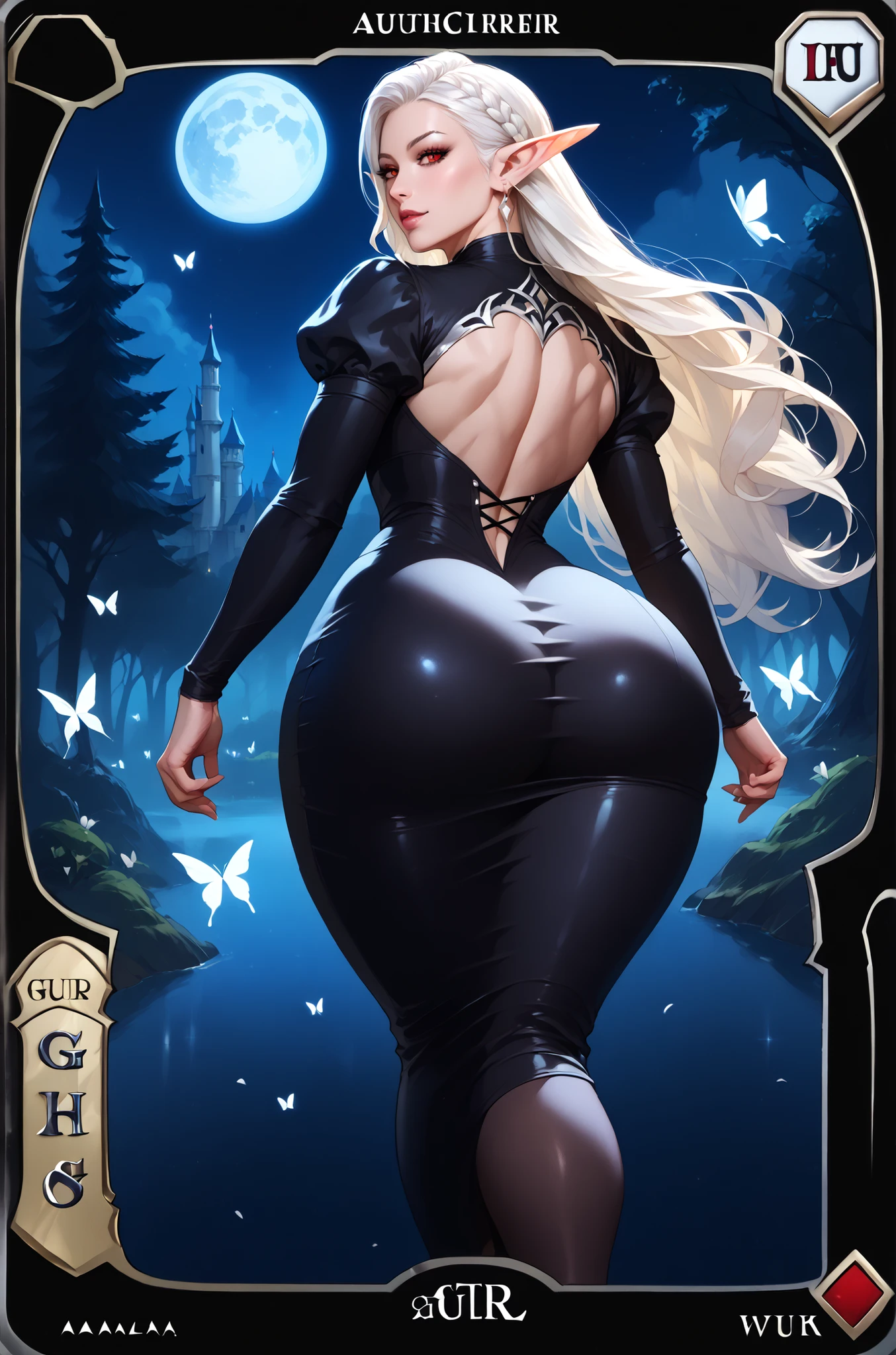 Beautiful elf in black dress, all long hair, white hair, red eyes, large butt, thick thighs, thin waist, abs, black legwear, leaning, black forest, big forest the background, white butterflies, big ass, wide hips, Magic: The Gathering card, realistic, solo, big ass, short dress, glued dress, ultra rare version, big white tower in the background, short black dress, glued dress, night, full moon, looking back