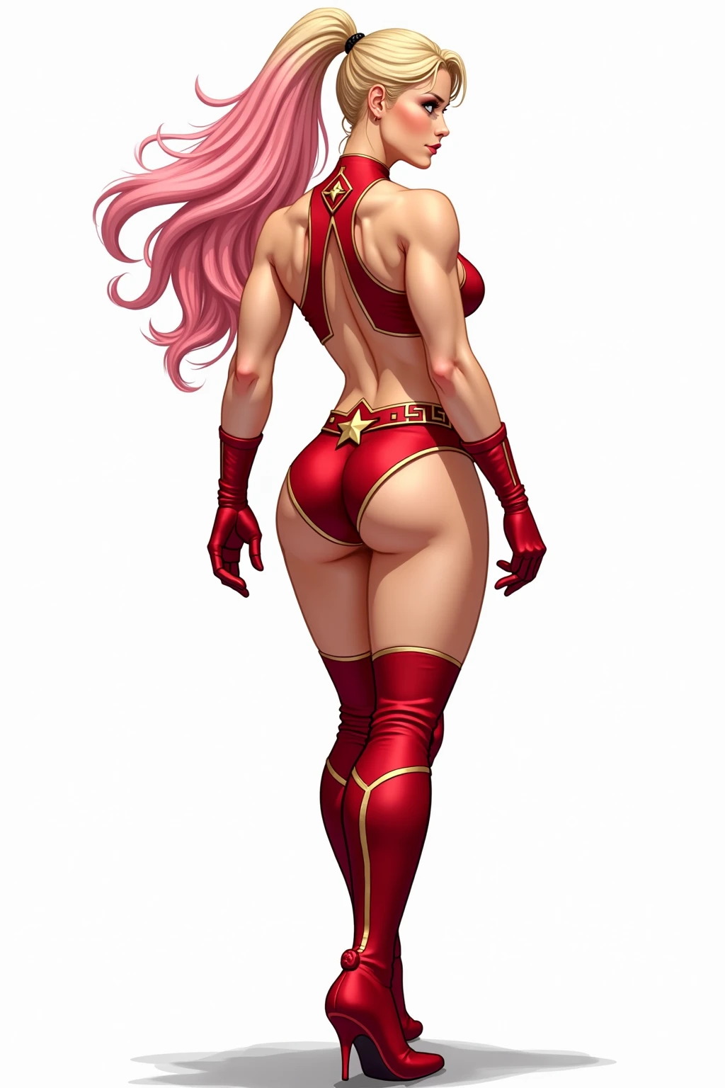 (plain background, 8k, best quality, masterpiece, realistic, photo-realistic:1.37) (full body height standing straight symmetrical contrapposto) (looking at viewer) 2legs apart (wide stance) ultra detailed, 1solo cute girl (beautiful detailed eyes) (smile:1.2) (closed mouth) view from below depth of field, good composition, bob hair, perfect knockers, suspenders, toned body, athletic, wide hips, thin waist, toned arms, exposed abdomen, abs toned, navel, big belly button belt ((red cheeks, red eyes, red tank top, red thong, red gloves gauntlets, red stockings thighs))