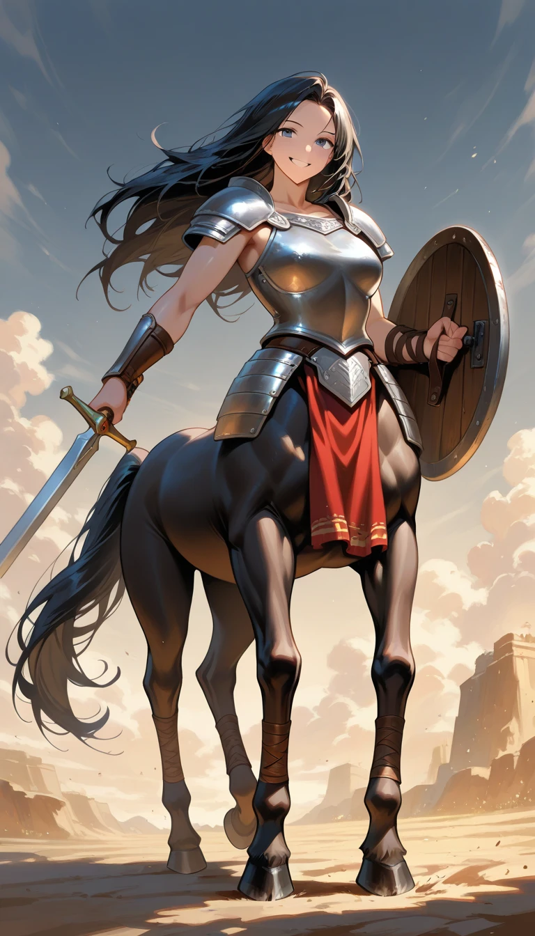 1girl, centaur, Original Character, Volumetric Lighting, Best Shadows, Shallow Depth of Field, Stunningly Beautiful Girl, Delicate Beautiful Attractive Face, Knight Armor, mature woman, smiling face