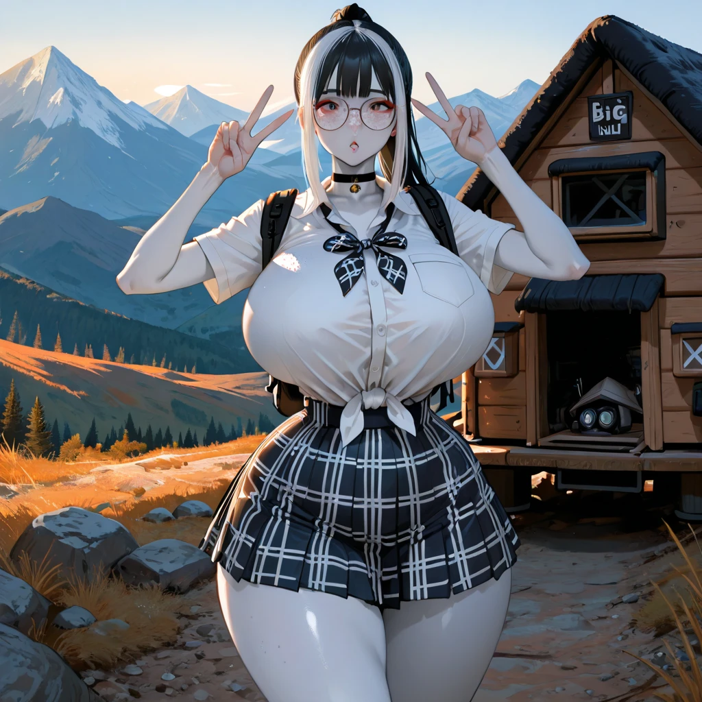 Holding a SLR camera、Black and white cow、Human body、super huge breasts、Super big breasts、very big 、saggy breasts、Color