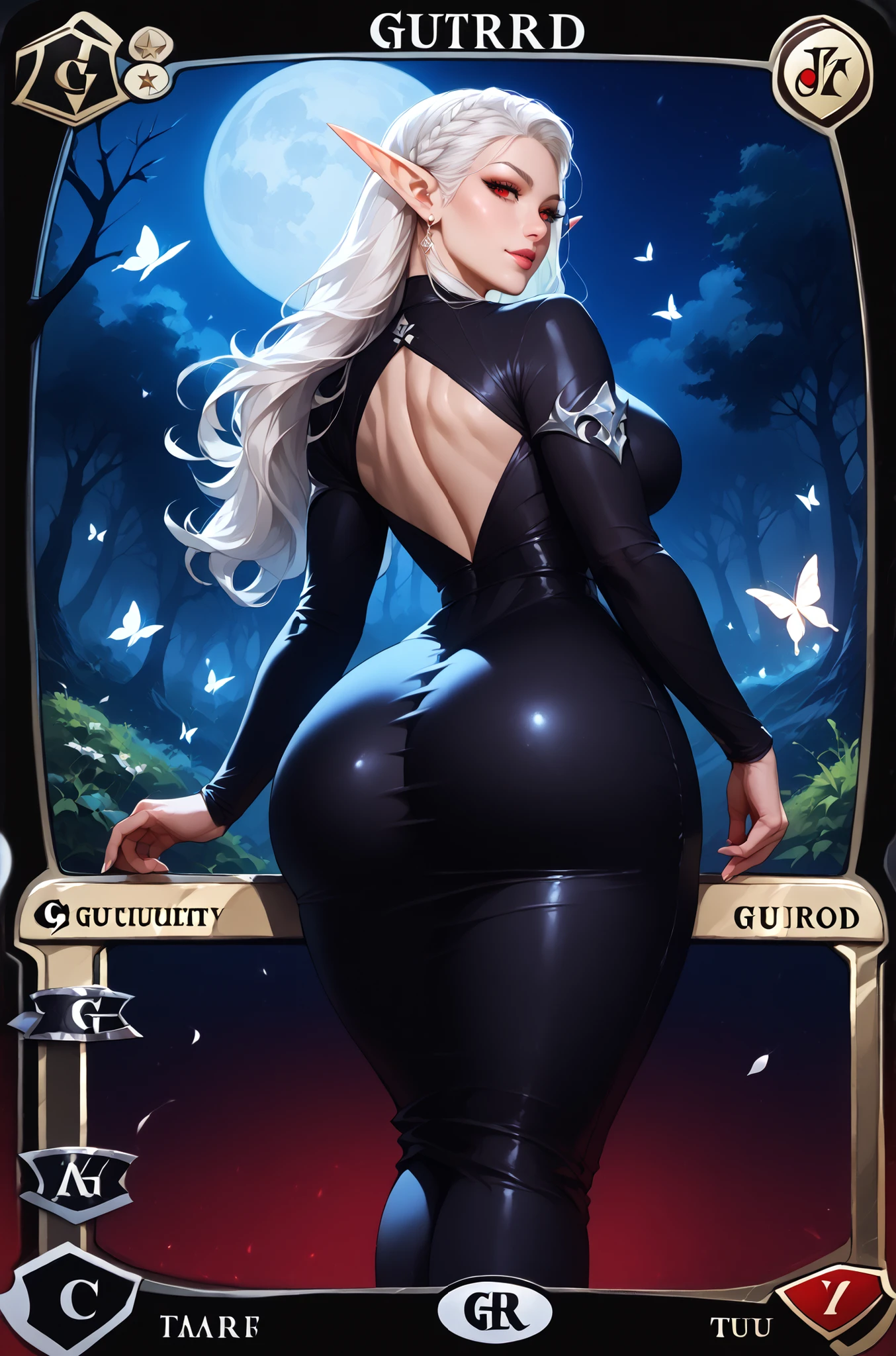 Beautiful elf in black dress, all long hair, white hair, red eyes, large butt, thick thighs, thin waist, abs, black legwear, leaning, black forest, big forest the background, white butterflies, big ass, wide hips, Magic: The Gathering card, realistic, solo, big ass, short dress, glued dress, ultra rare version, big white tower in the background, short black dress, glued dress, night, full moon, looking back