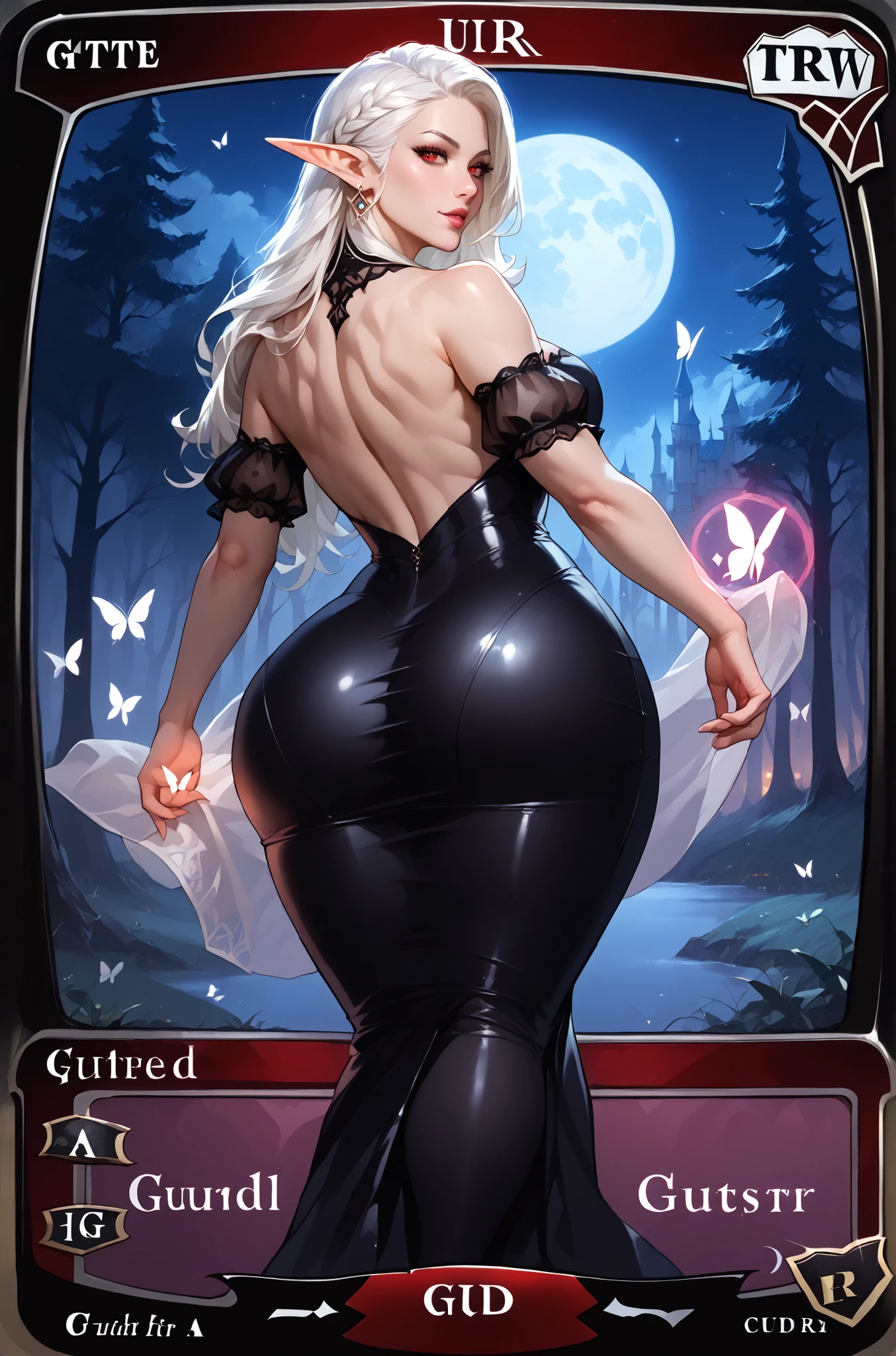 (best quality:1.3),(masterpiece:1.1),(illustration:1.2),(ultra-detailed:1.2),beautiful detailed eyes,(Gothic:1.2), (Extremely detailed background:1.1),(forest:1.2),(mountain), night, moon,castle on the distant mountain, (bent over:1.3),(butt:1.2),looking back, (raise butt:1.2),(close to the butt:1.3), (1girl in Balcony:1.4),Balustrades on balcony,(wariza:1.2),(sitting:1.3) (1girl:1.3),(solo:1.3),(white hair),(long hair:1.1),full body,black stocking, tulle,dress,Bodysuit,back cutout,clothing cutout,