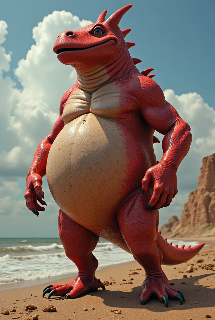 Buff red cartoon dragon with an oversized inflated beige stomach ，high red, big bellybutton，red back, Black  shorts，sandals，Standing on the beach in a ready to fart position and farting out a huge enormous light green gas cloud。