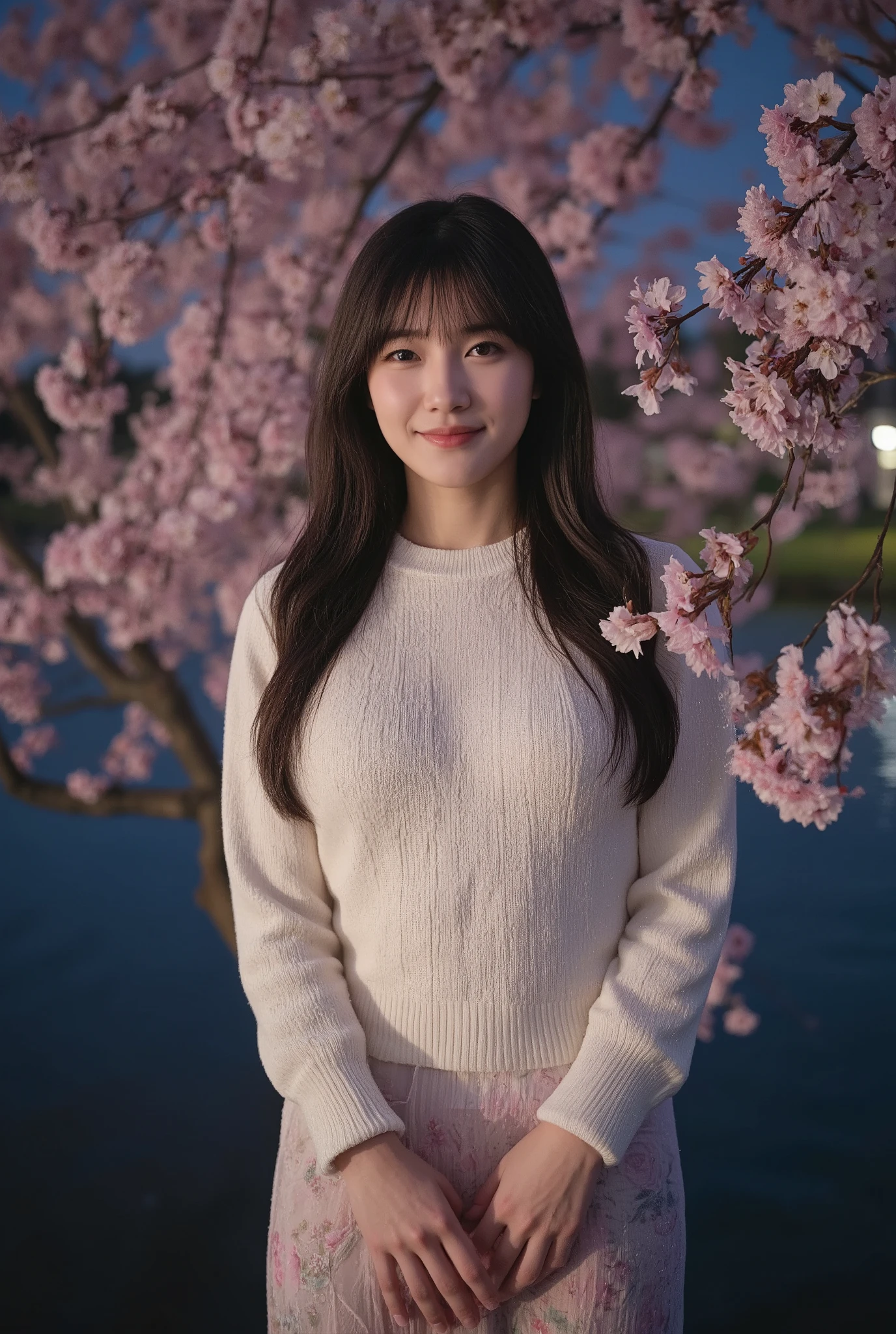 (mature adult woman wearing a leotard1By people),beautiful black hair,(((super straight hair))),((long hair)), realistic person images in dark waters,Realism,best quality,mastepeice,top quality,Max Video Quality,highest resolution,FINE DETAILS,Beautiful detailed face,black eyes,((realistic skin)),detailed background,( Exact Upper Body),(perfect upper body),(upper body),((Realismのある肌)),(smiles),((((super big )))),((((wearing a white sweater and looking at me up)))),(((((walking through the late-night cherry blossom trees))))),((((Large breasts))),(((((staring at me up close))))),(((outdoor))),(((wearing a long floral skirt))),(((((Close to the cherry blossom trees in the middle of the night))))),(((large size breasts))),(((They're staring at me nearby))),((((highlight your upper body near the cherry blossom tree)))),