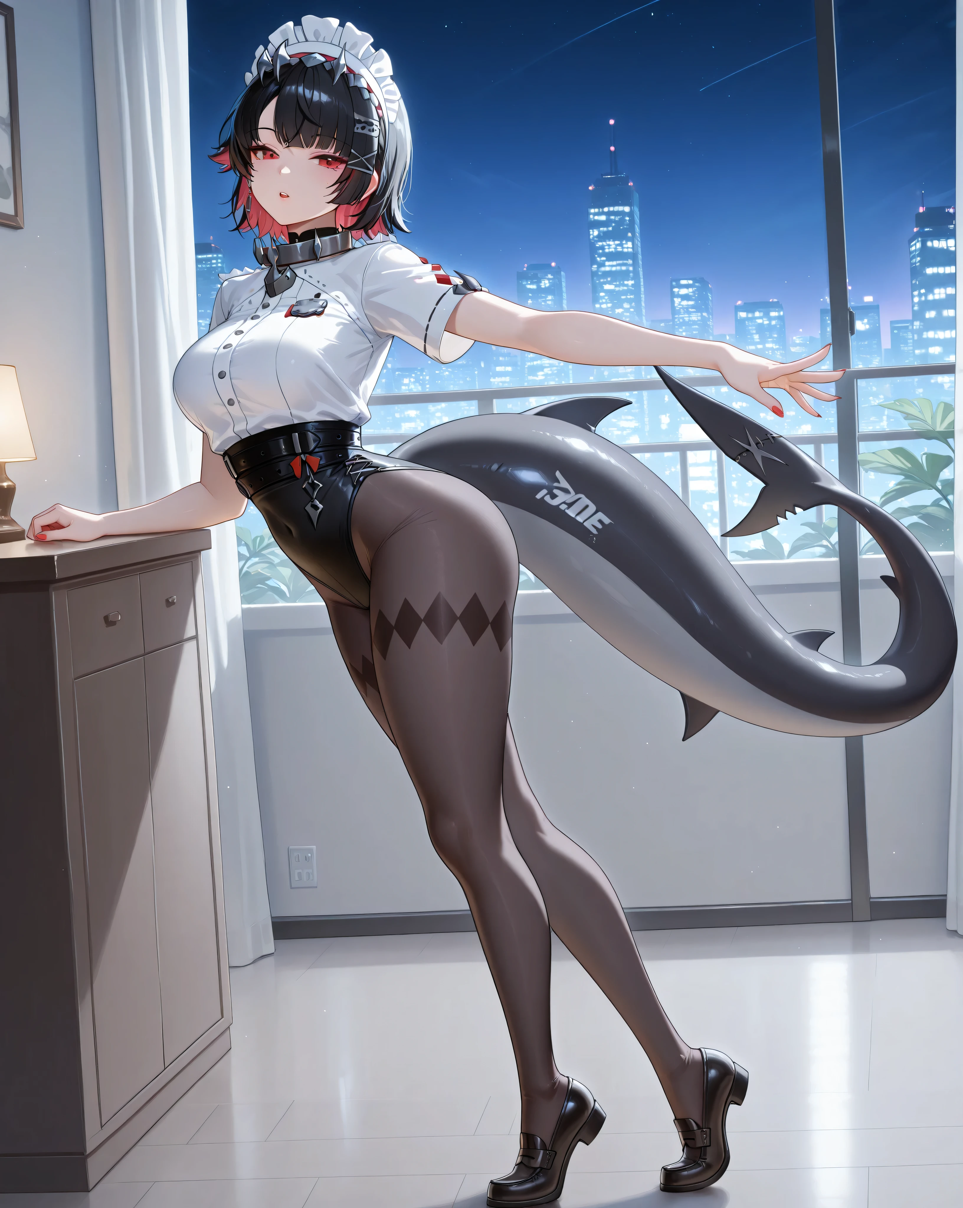 (Yoga, yoga pose:1.0, dynamic pose,adult Ellen Joe:1.0, Ellen Joe Outfit:1.0, transparent Ellen Joe pantyhose:1.0, shark tail, seductive eyes:4.0, detailed face, detailed mouth, small waist:1.0, wide hips:1.0), black hair, Ellen Joe headdress, red eyes, 1woman, alone, night, nightlight, masterpiece, detailed face, perfect hands, perfect eyes, Ellen Joe loafers, shoe dangling:2.0